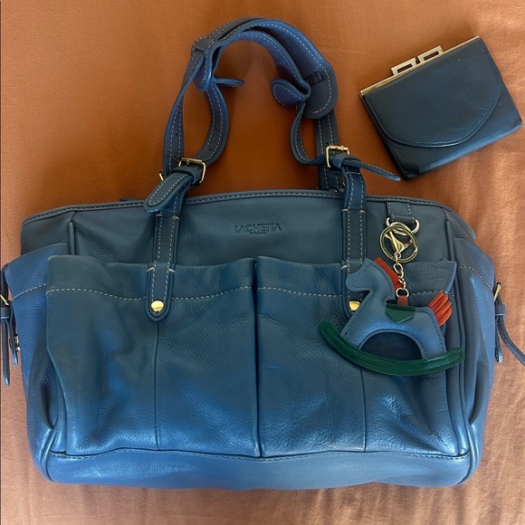 Italian Leather Blue Satchel Soft Pebbled Spring Shoulder Bag w/ Charm & Wallet - Picture 2 of 16